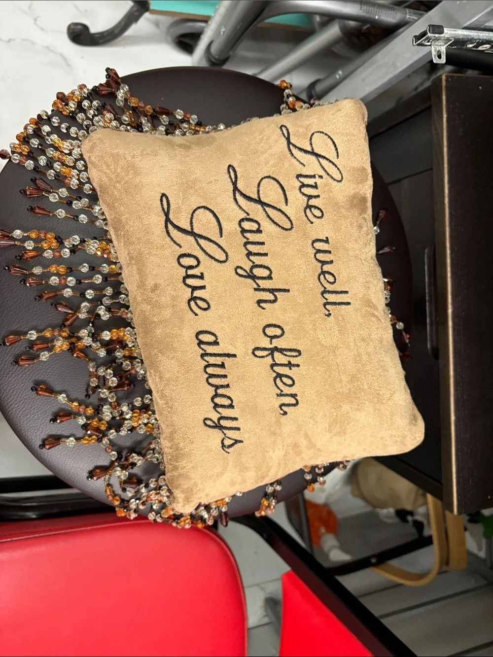 Pier 1 Beige Beaded Accent Pillow with Inspirational Script-NWOT(over 5lb)